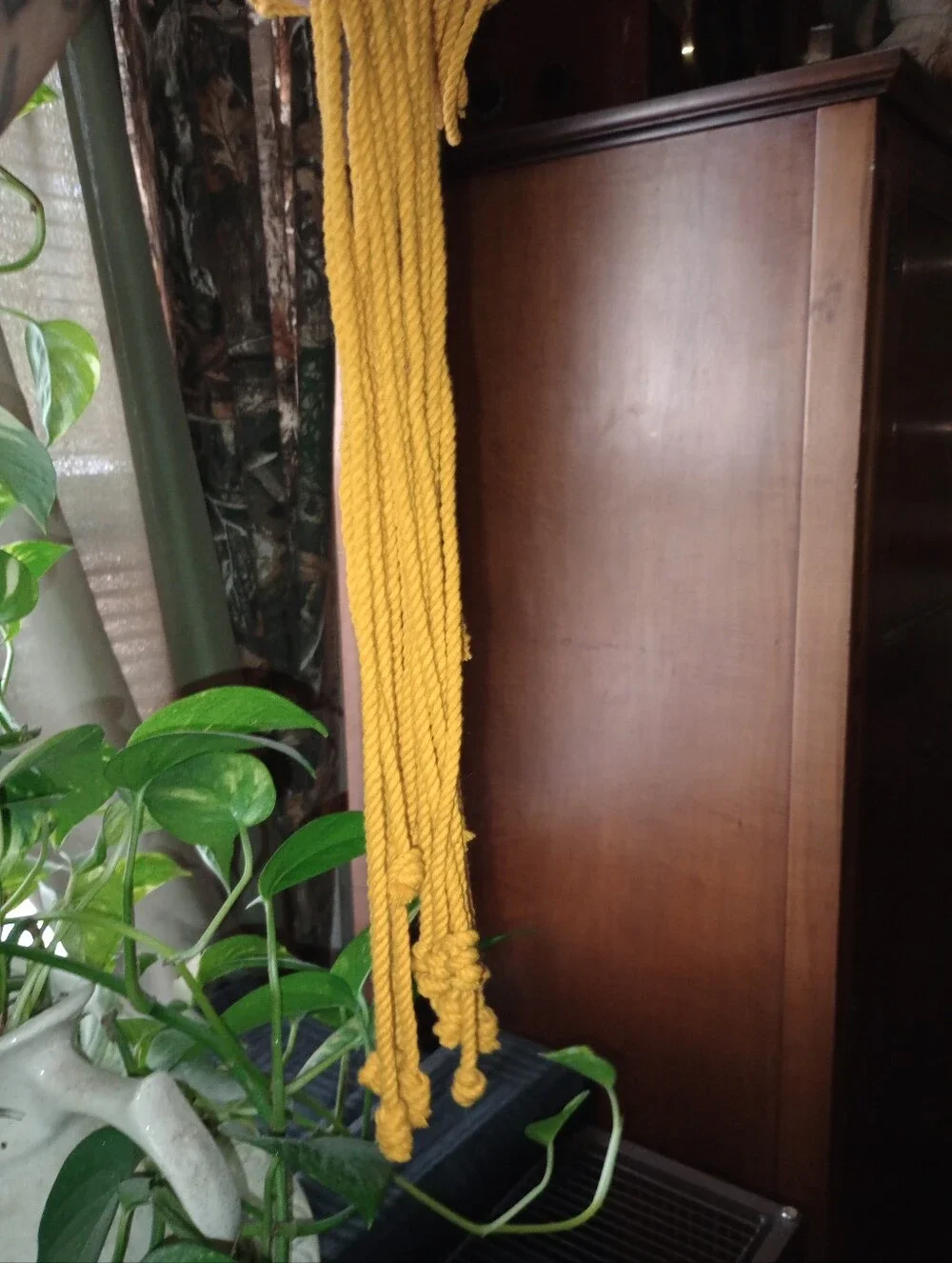 Mustard Yellow Macramé Hanging Planter - Handmade With Clear Glass Bowl